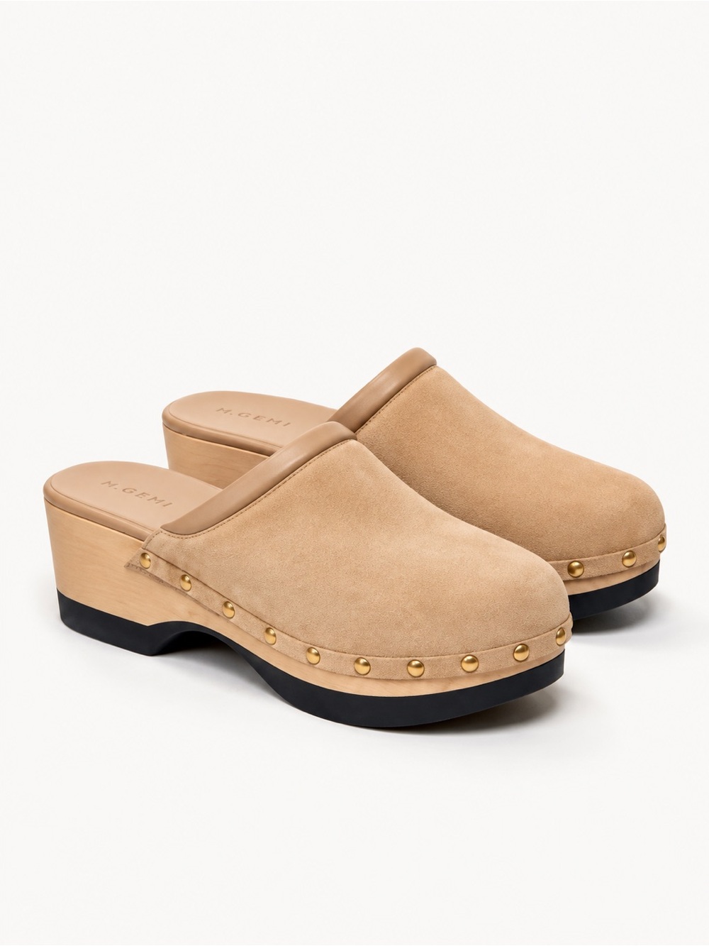 M. GEMI Suede Cream Beige Wooden Clogs